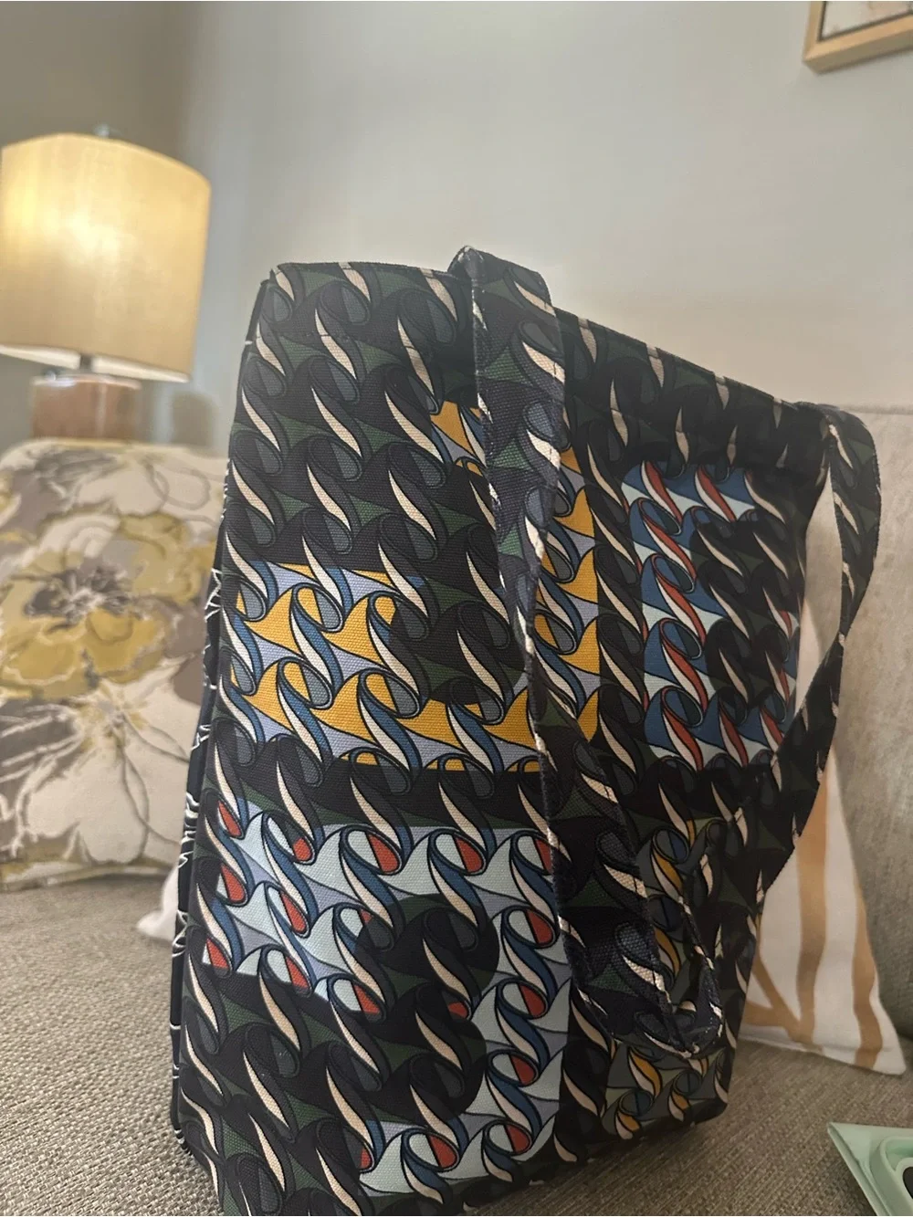 Tory Burch Black Patterned Tote with Multicolor Graphic Accents & Swan Print